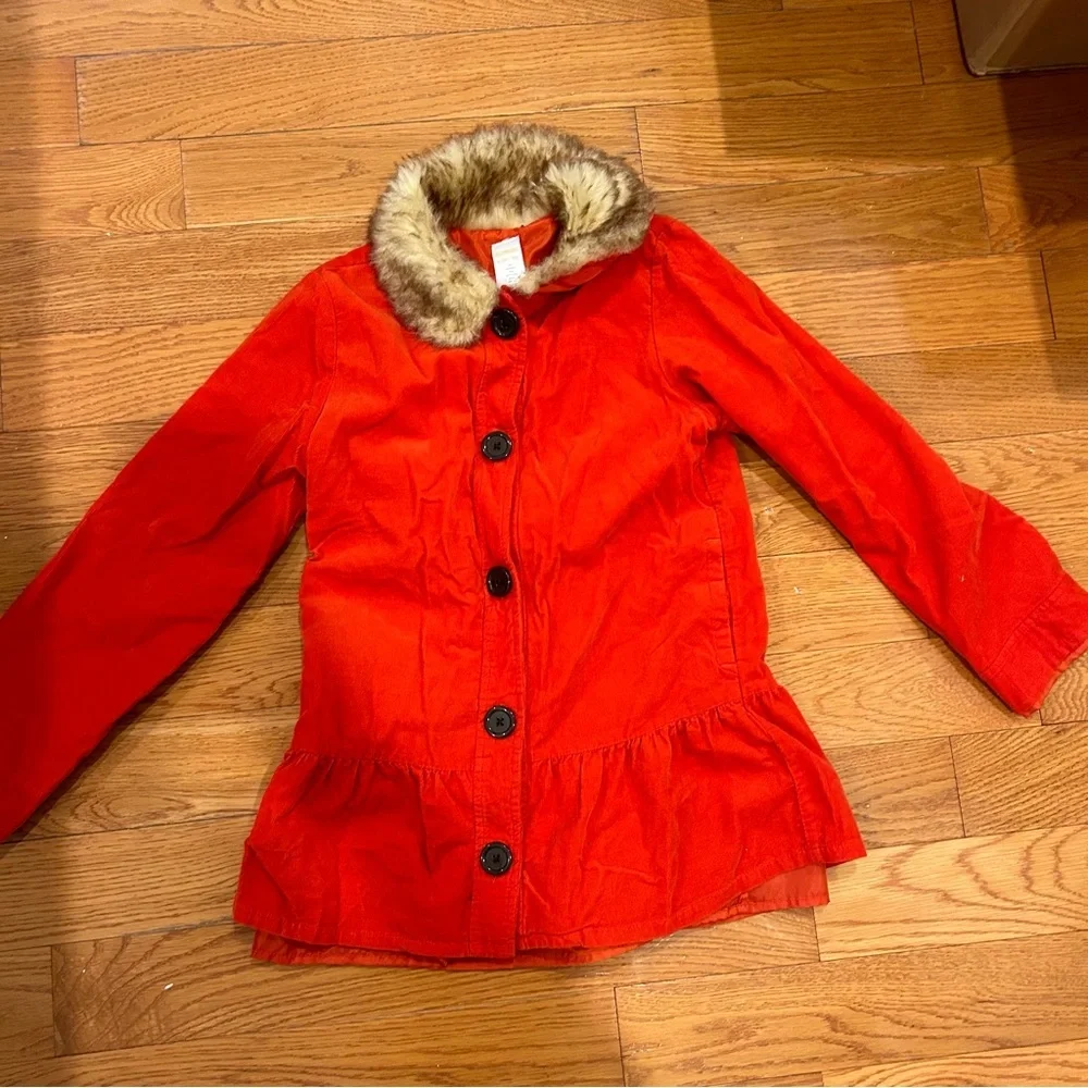 Gymboree girls 10-12 jacket button up faux fur reddish orange perfect condition